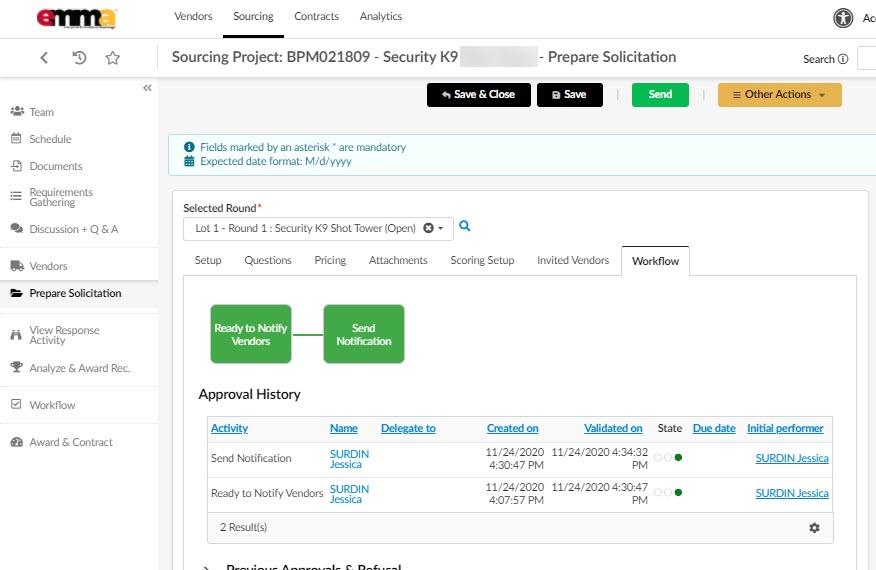 The Workflow tab of a sent solicitation. 