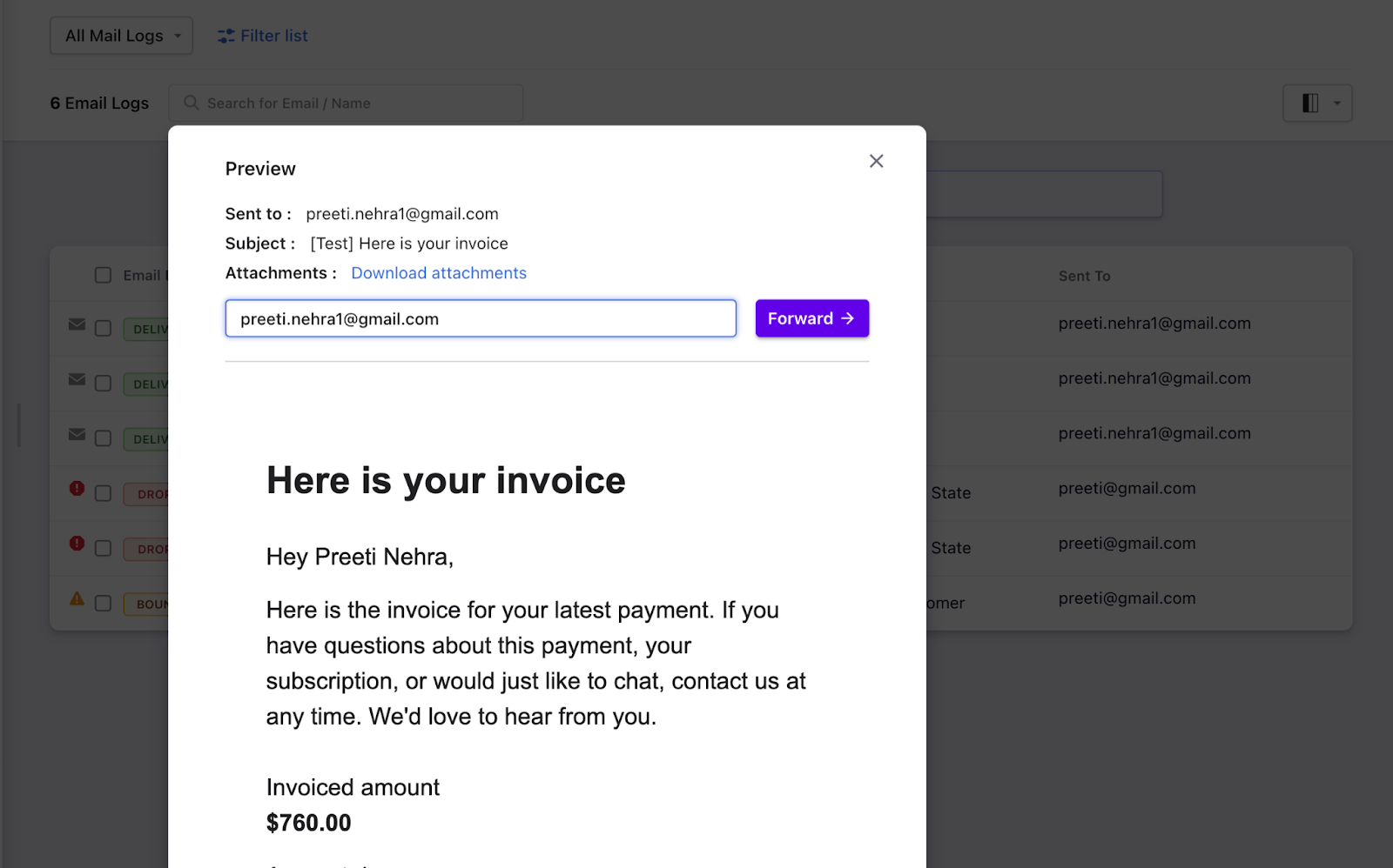 Resend Email option from the Email Logs is grayed out? Chargebee