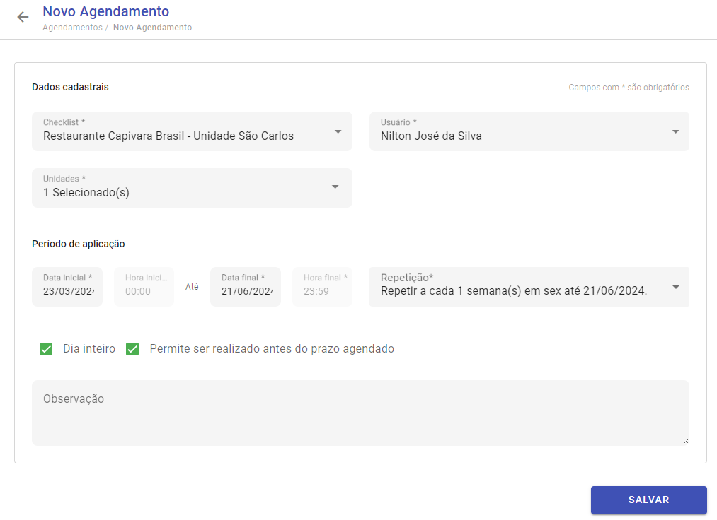 Tela de agendamentos