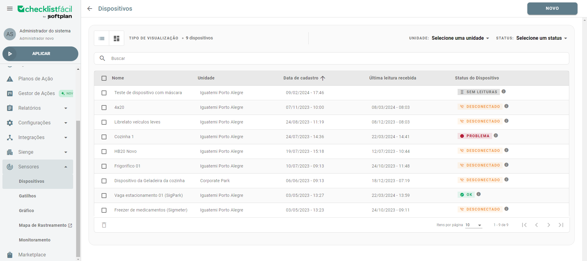 Menu Sensores e Dispositivos