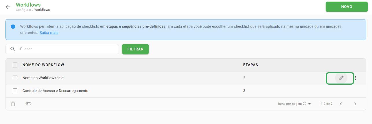 Ícone de edição na lista de workflows