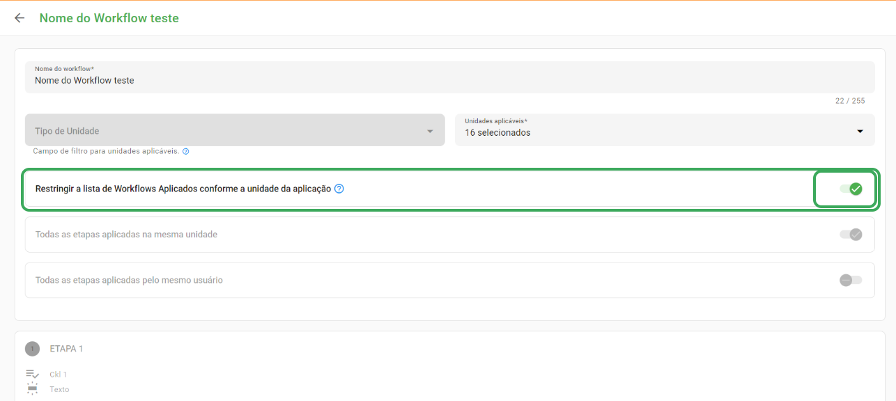 Opção de restringir lista de workflows ativada