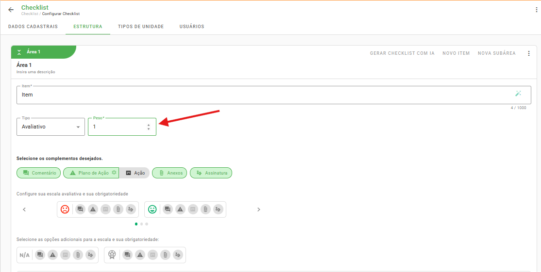 Configuração de peso do item