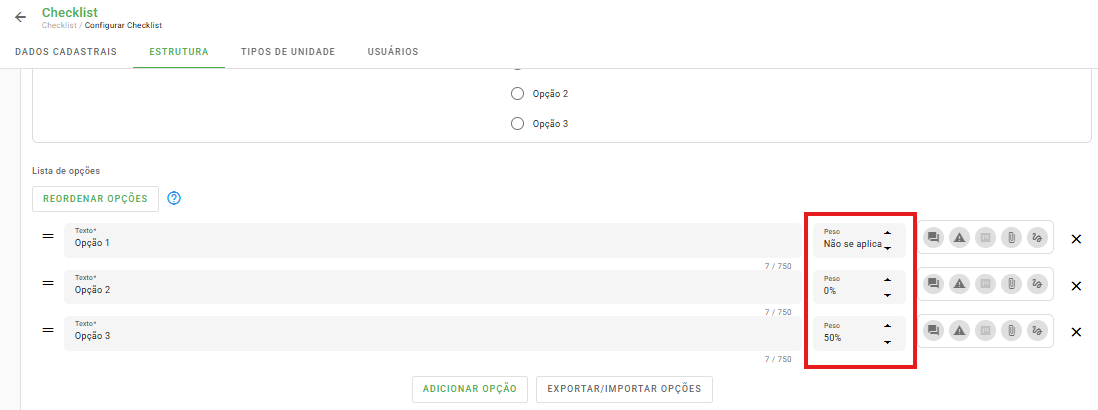 Peso em lista de seleção