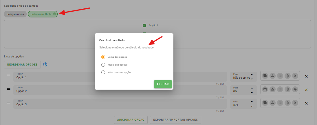 Opções de cálculo em seleção múltipla
