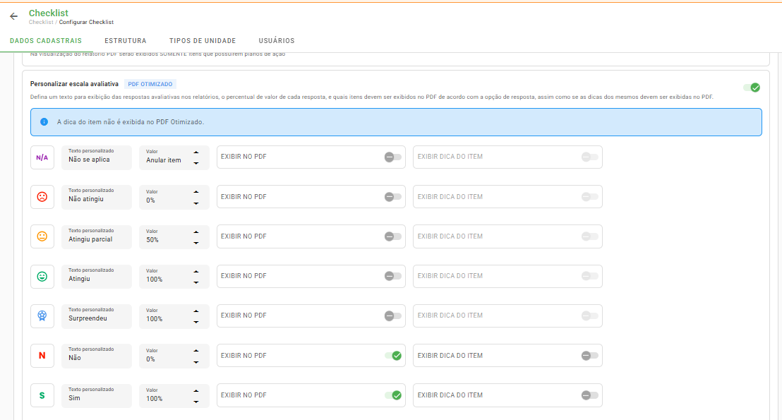 Personalizar escala avaliativa