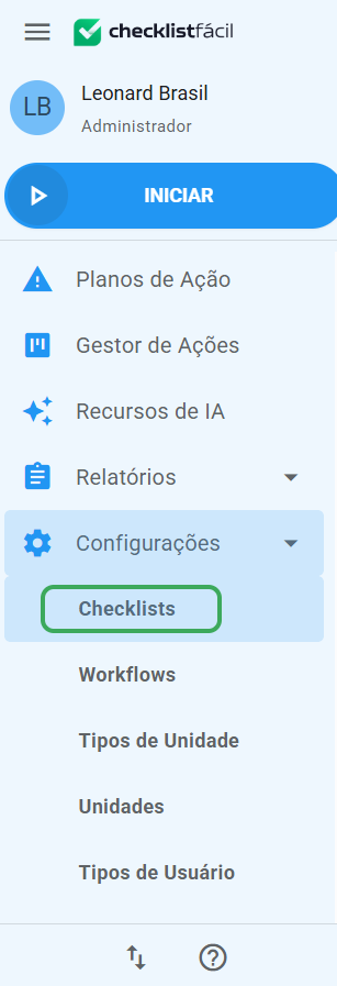 Menu Configurações Checklists