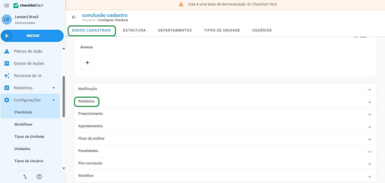 Aba Dados Cadastrais seção Relatórios