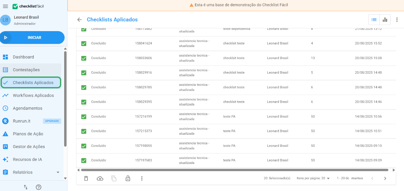 Tela de checklists aplicados