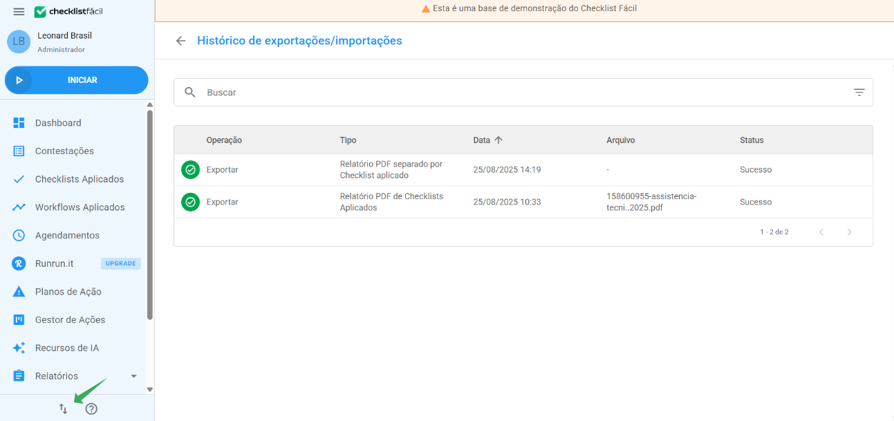 Tela de Importações e Exportações