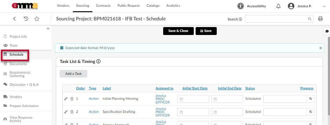 The Schedule tab for a solicitation.