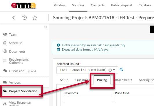 The Prepared Solicitation tab and the Pricing subtab.