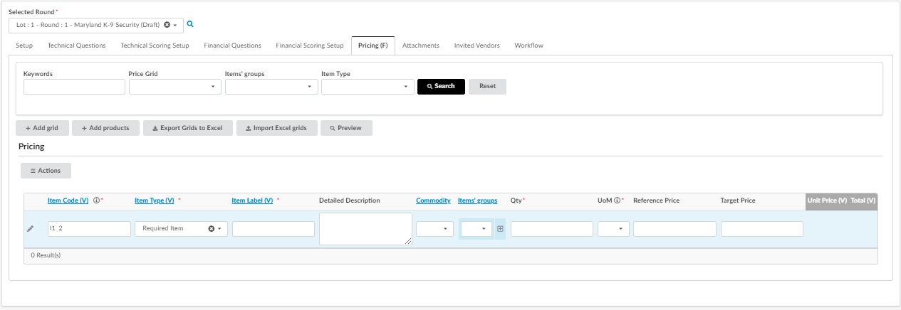 An empty Pricing grid in the Pricing subtab.