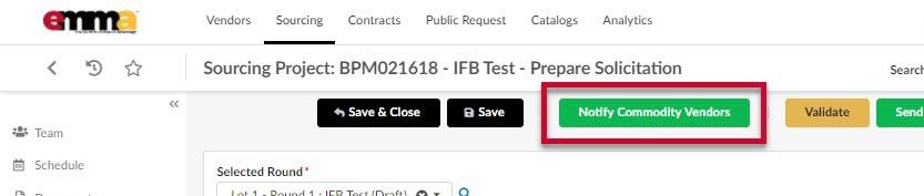 The Notify Commodity Vendors button.