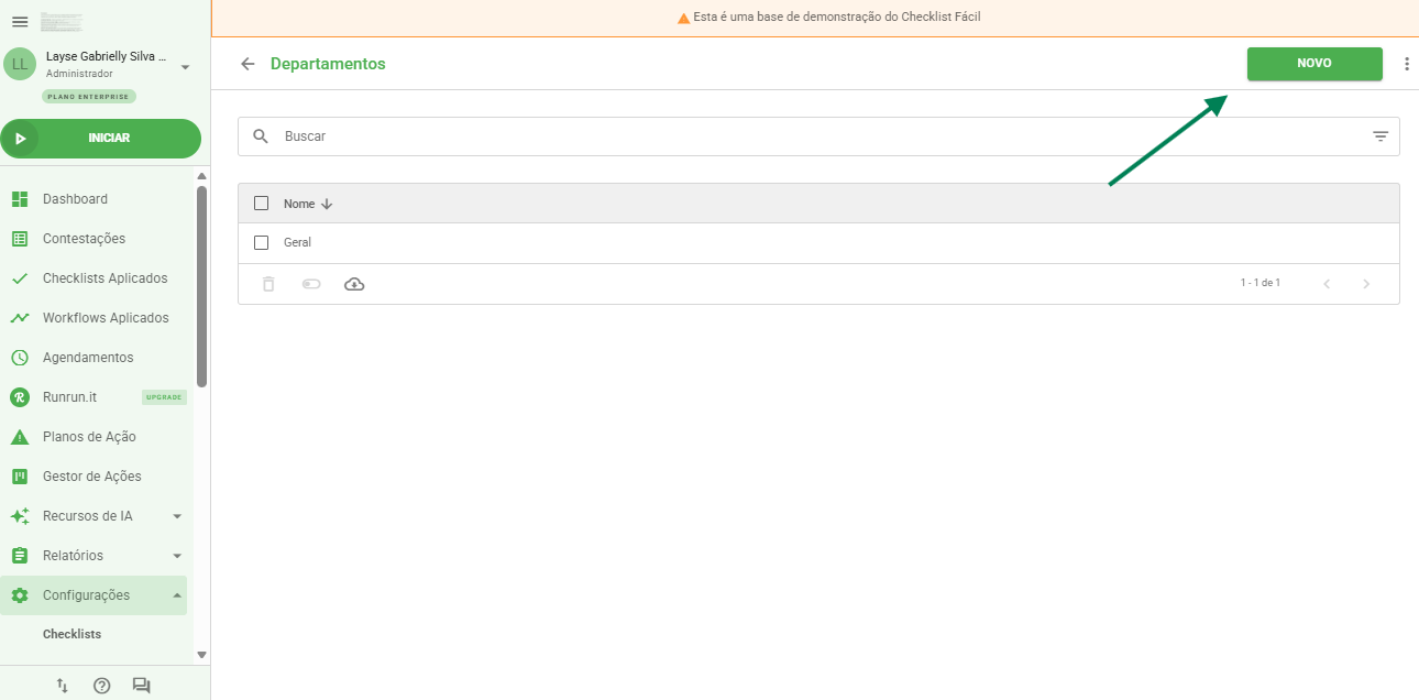 Tela de criação de departamentos