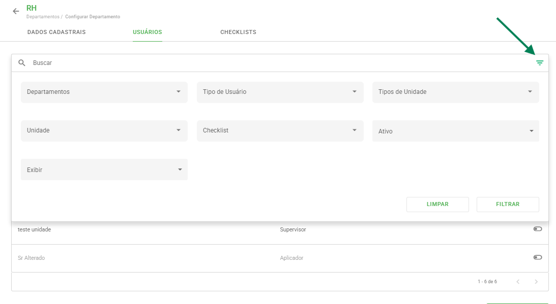 Filtros de seleção