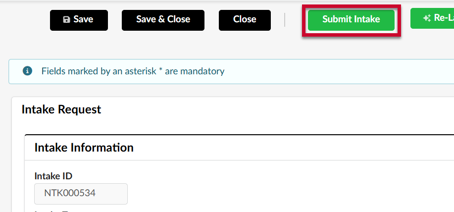 Called out Submit Intake button