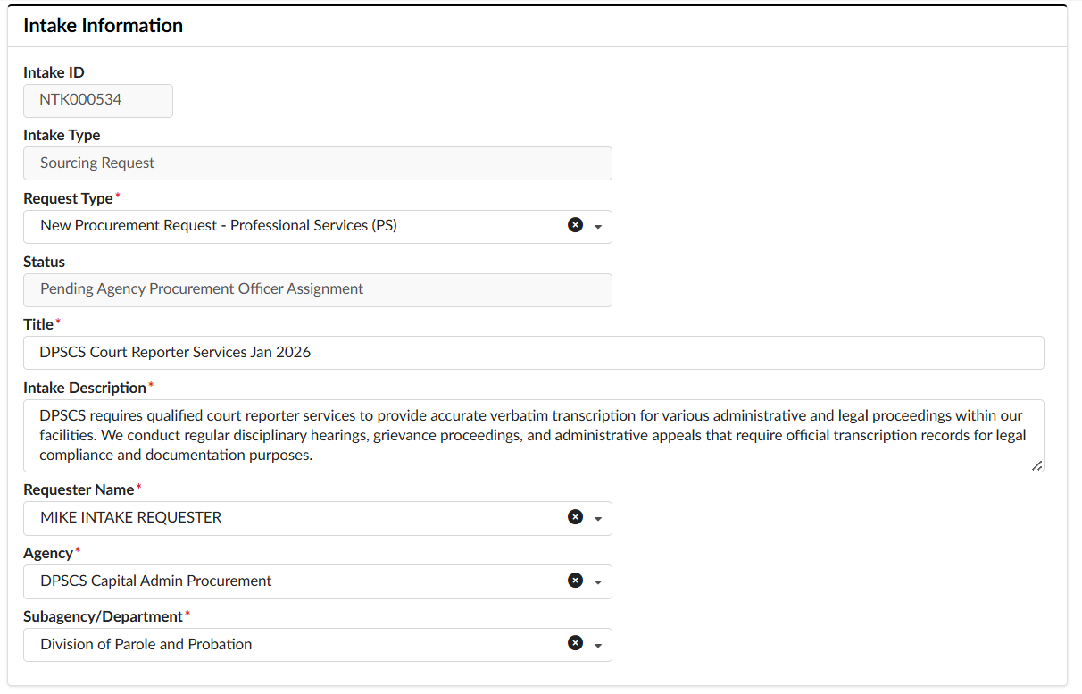 Intake Information section