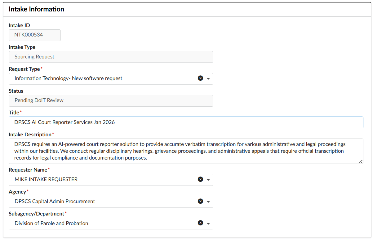 Intake Information section