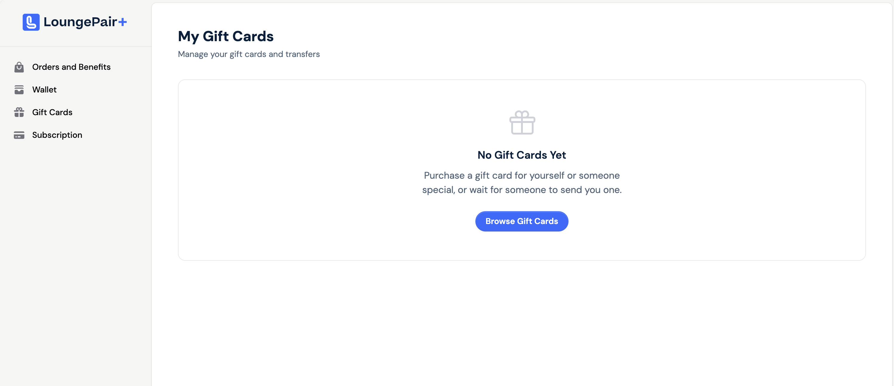 LoungePair Account Page showing location of purchased gift cards and transfers