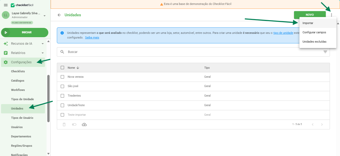 Menu de Importação