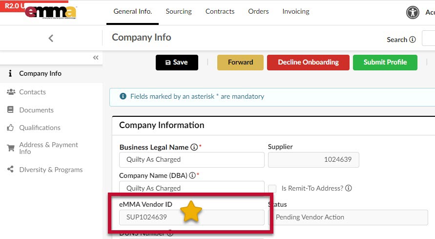 The eMMA Vendor ID on the Company Info tab.
