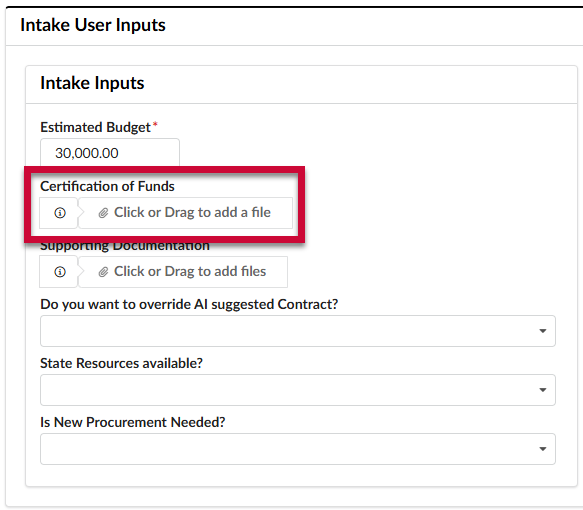 Certification of Funds Attachment field