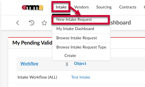 The Intake Option highlighted and a callout for New Intake Request