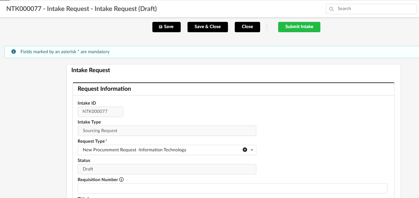 The automatically generated new intake request in eMMA.