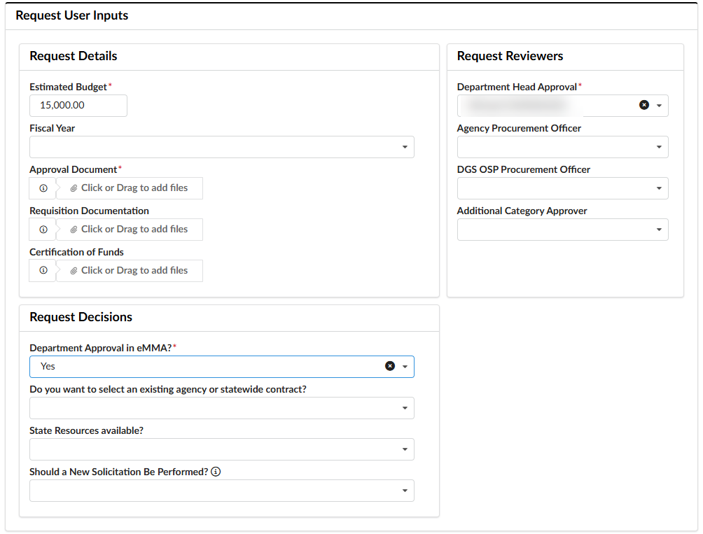 The Request User Inputs section