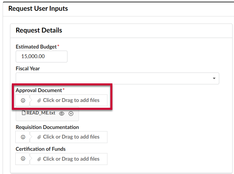 Approval Document highlighted in Request Details section