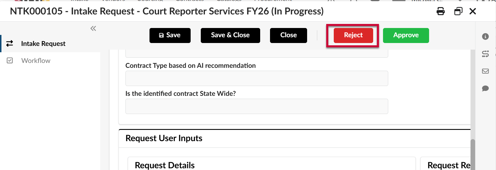 The Reject button highlighted