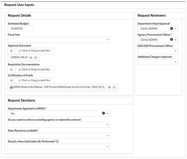 The Request User Inputs section