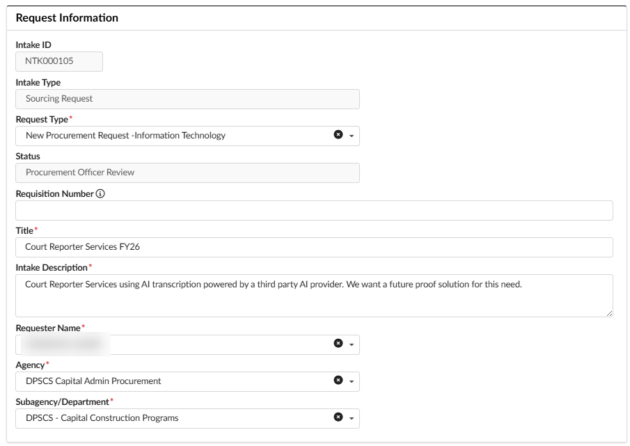 Request Information section of an Intake request