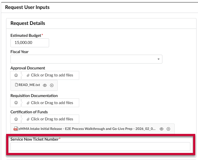 Service Now Ticket Number field highlighted