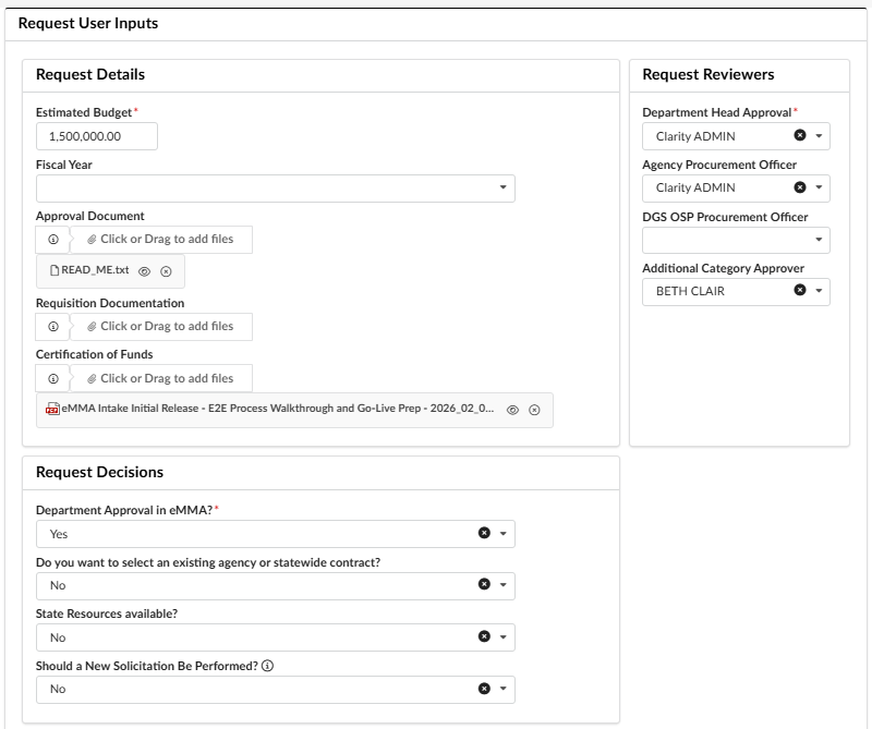 Request User Inputs section