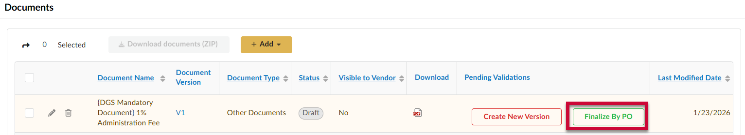 Finalize by PO button on Mandatory 1% Attachment 