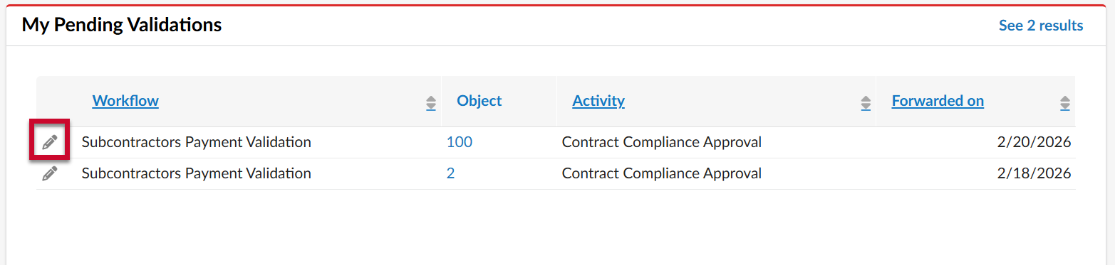 My Pending Validations with Pencil callout