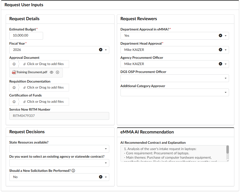 The Request User Inputs section