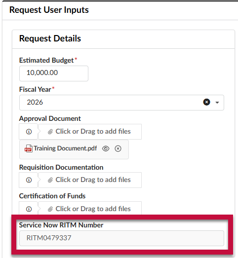 Service Now Ticket Number field highlighted