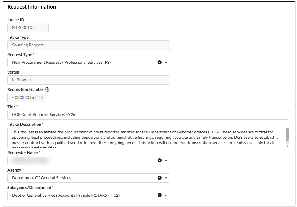 Request Information section of an Intake request