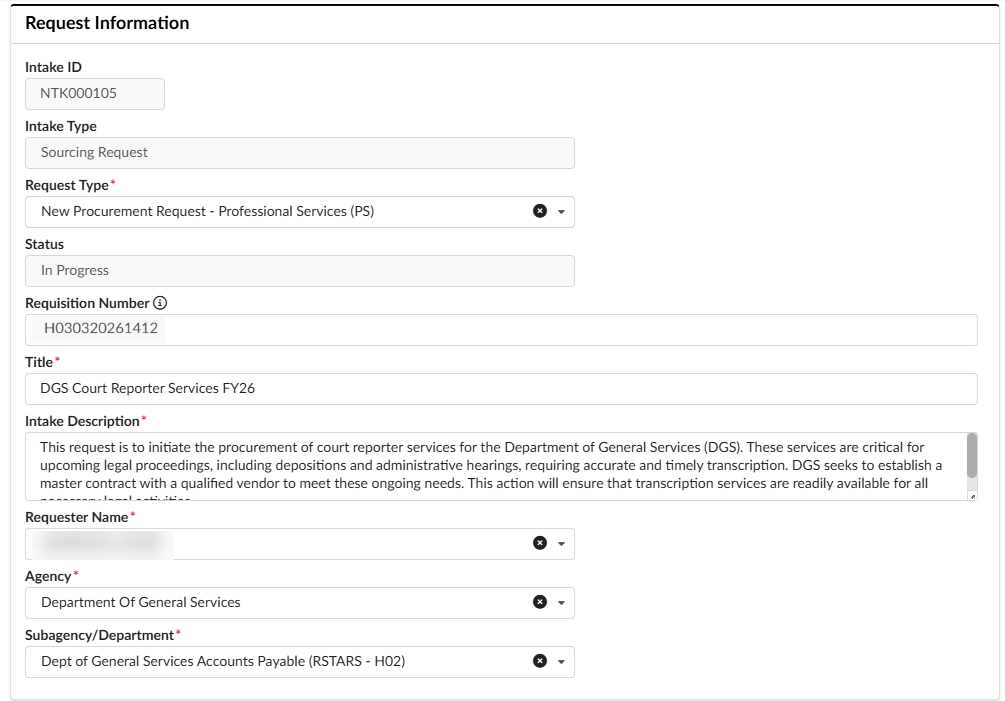 Request Information section of an Intake request