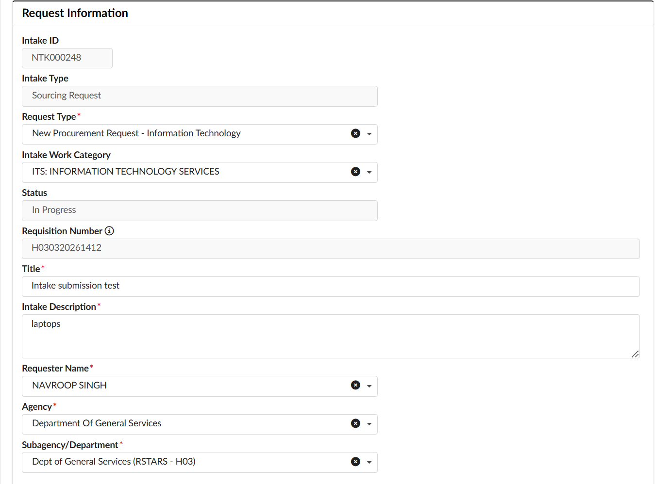 Request Information section of an Intake request