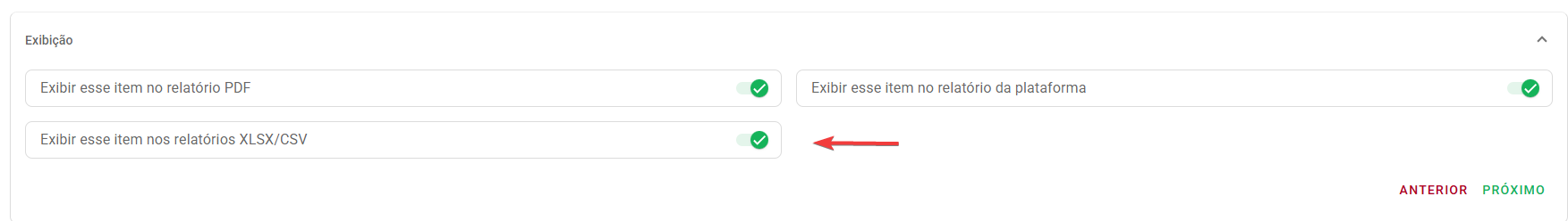 Exemplo das opções de configuração de exibição dentro de um item do checklist.