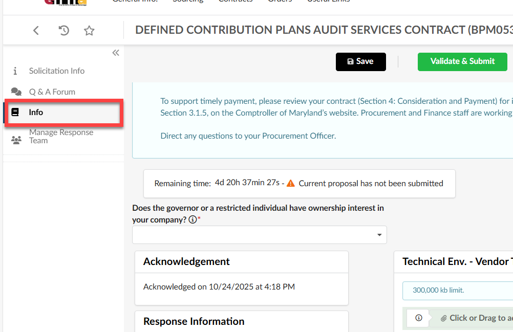 Contract information screen with the "Info" tab highlighted in the left navigation panel.