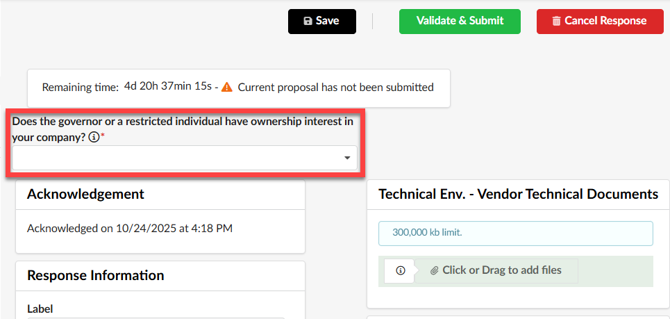 A dropdown question on a form is highlighted: "Does the governor or a restricted individual have ownership interest in your company?"