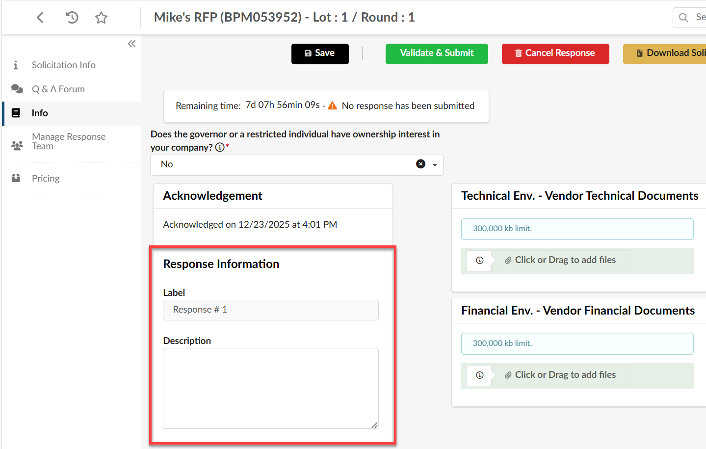 Response Information section on a form, with fields for Label and Description highlighted.