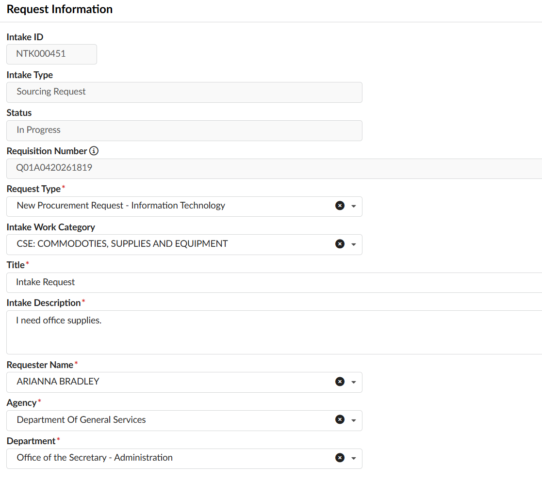 Request Information section of an Intake request
