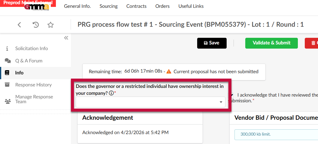 A dropdown question on a form is highlighted: "Does the governor or a restricted individual have ownership interest in your company?"
