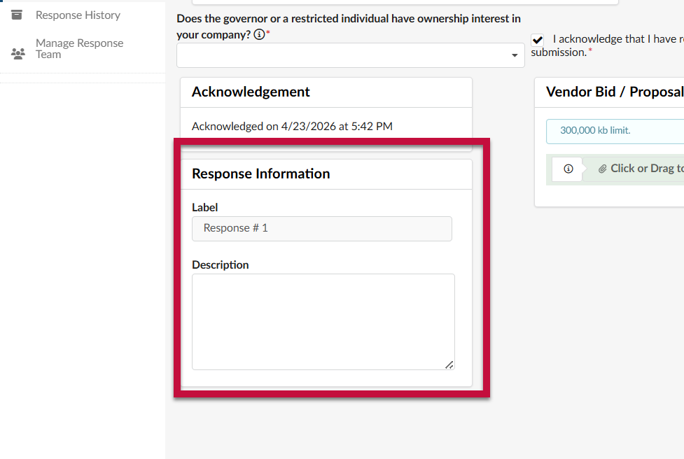 Response Information section on a form, with fields for Label and Description highlighted.
